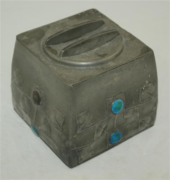 A Liberty English pewter biscuit box, designed by Archibald Knox, W.6in.